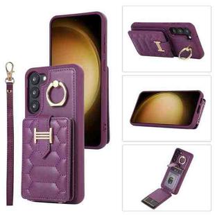 For Samsung Galaxy S21 5G Vertical Card Bag Ring Holder Phone Case with Dual Lanyard(Dark Purple)