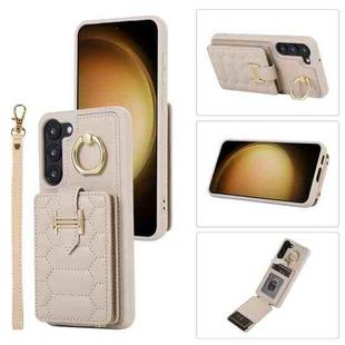 For Samsung Galaxy S21 FE 5G Vertical Card Bag Ring Holder Phone Case with Dual Lanyard(Beige)