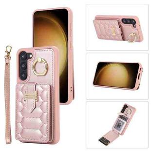 For Samsung Galaxy S22 5G Vertical Card Bag Ring Holder Phone Case with Dual Lanyard(Rose Gold)