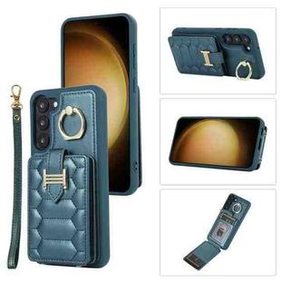 For Samsung Galaxy S23+ 5G Vertical Card Bag Ring Holder Phone Case with Dual Lanyard(Dark Green)