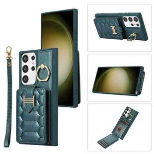 For Samsung Galaxy S23 Ultra 5G Vertical Card Bag Ring Holder Phone Case with Dual Lanyard(Dark Green)