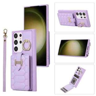 For Samsung Galaxy S23 Ultra 5G Vertical Card Bag Ring Holder Phone Case with Dual Lanyard(Purple)