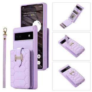For Google Pixel 6a Vertical Card Bag Ring Holder Phone Case with Dual Lanyard(Purple)