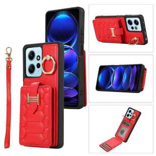 For Xiaomi Redmi Note 12 4G Global Vertical Card Bag Ring Holder Phone Case with Dual Lanyard(Red)