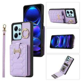For Xiaomi Redmi Note 12 4G Global Vertical Card Bag Ring Holder Phone Case with Dual Lanyard(Purple)