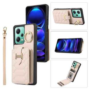 For Xiaomi Redmi Note 12 5G Global Vertical Card Bag Ring Holder Phone Case with Dual Lanyard(Beige)