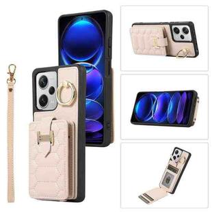 For Xiaomi Redmi Note 12 Pro 5G Global Vertical Card Bag Ring Holder Phone Case with Dual Lanyard(Beige)