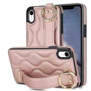 For iPhone XR Non-slip Full Coverage Ring PU Phone Case with Wristband(Rose Gold)