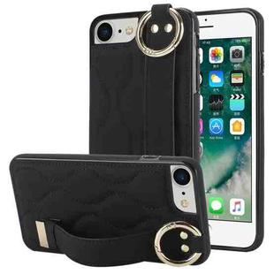 For iPhone 7 / 8 Non-slip Full Coverage Ring PU Phone Case with Wristband(Black)