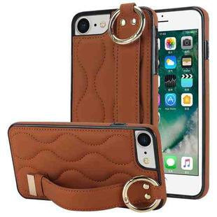 For iPhone 7 / 8 Non-slip Full Coverage Ring PU Phone Case with Wristband(Brown)