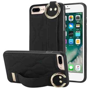 For iPhone 7 Plus / 8 Plus Non-slip Full Coverage Ring PU Phone Case with Wristband(Black)