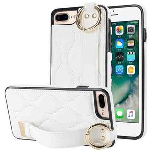 For iPhone 7 Plus / 8 Plus Non-slip Full Coverage Ring PU Phone Case with Wristband(White)
