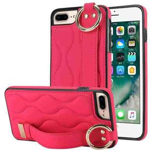 For iPhone 7 Plus / 8 Plus Non-slip Full Coverage Ring PU Phone Case with Wristband(Rose Red)