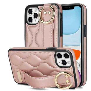 For iPhone 11 Pro Non-slip Full Coverage Ring PU Phone Case with Wristband(Rose Gold)