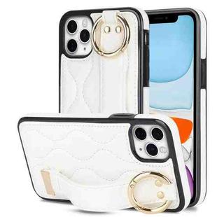 For iPhone 11 Pro Non-slip Full Coverage Ring PU Phone Case with Wristband(White)