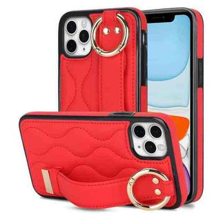For iPhone 11 Pro Max Non-slip Full Coverage Ring PU Phone Case with Wristband(Red)
