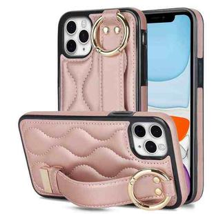 For iPhone 11 Pro Max Non-slip Full Coverage Ring PU Phone Case with Wristband(Rose Gold)