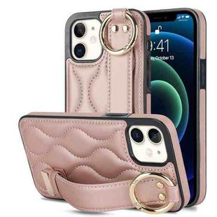 For iPhone 12 mini Non-slip Full Coverage Ring PU Phone Case with Wristband(Rose Gold)