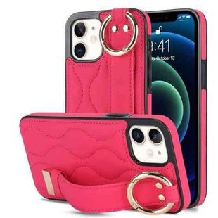 For iPhone 12 mini Non-slip Full Coverage Ring PU Phone Case with Wristband(Rose Red)