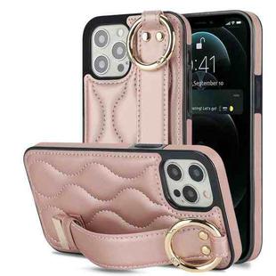 For iPhone 12 Pro / 12 Non-slip Full Coverage Ring PU Phone Case with Wristband(Rose Gold)