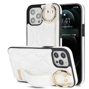 For iPhone 12 Pro / 12  Non-slip Full Coverage Ring PU Phone Case with Wristband(White)