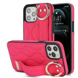 For iPhone 12 Pro / 12  Non-slip Full Coverage Ring PU Phone Case with Wristband(Rose Red)