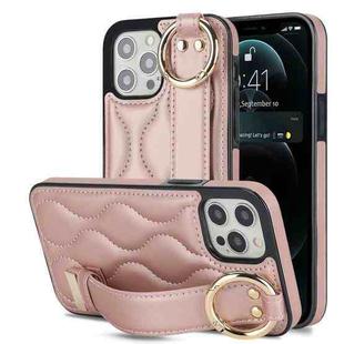 For iPhone 12 Pro Max Non-slip Full Coverage Ring PU Phone Case with Wristband(Rose Gold)