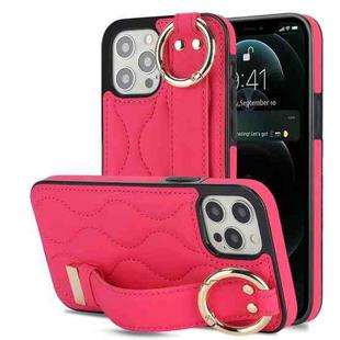 For iPhone 12 Pro Max Non-slip Full Coverage Ring PU Phone Case with Wristband(Rose Red)