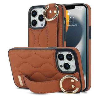 For iPhone 13 Pro Non-slip Full Coverage Ring PU Phone Case with Wristband(Brown)
