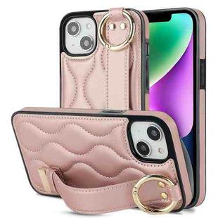 For iPhone 14 Non-slip Full Coverage Ring PU Phone Case with Wristband(Rose Gold)