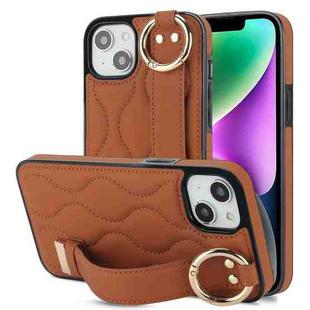 For iPhone 14 Non-slip Full Coverage Ring PU Phone Case with Wristband(Brown)