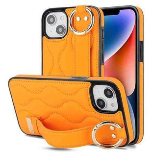 For iPhone 14 Plus Non-slip Full Coverage Ring PU Phone Case with Wristband(Orange)