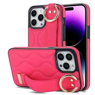 For iPhone 14 Pro Non-slip Full Coverage Ring PU Phone Case with Wristband(Rose Red)