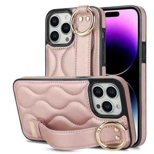 For iPhone 14 Pro Max Non-slip Full Coverage Ring PU Phone Case with Wristband(Rose Gold)