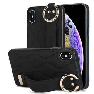 For iPhone XS / X Non-slip Full Coverage Ring PU Phone Case with Wristband(Black)