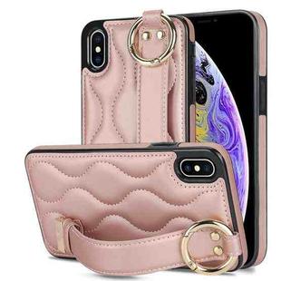For iPhone XS Max Non-slip Full Coverage Ring PU Phone Case with Wristband(Rose Gold)