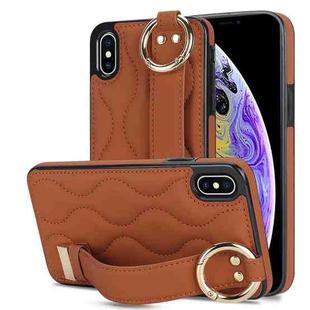 For iPhone XS Max Non-slip Full Coverage Ring PU Phone Case with Wristband(Brown)