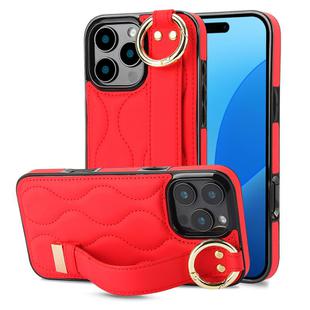 For iPhone 16 Pro Non-slip Full Coverage Ring PU Phone Case with Wristband(Red)