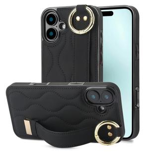 For iPhone 16 Plus Non-slip Full Coverage Ring PU Phone Case with Wristband(Black)