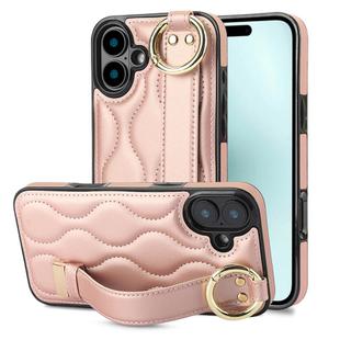 For iPhone 16 Plus Non-slip Full Coverage Ring PU Phone Case with Wristband(Rose Gold)