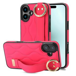 For iPhone 16 Non-slip Full Coverage Ring PU Phone Case with Wristband(Rose Red)