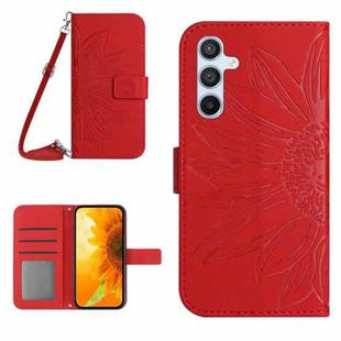 For Samsung Galaxy S24 5G Skin Feel Sun Flower Embossed Flip Leather Phone Case with Lanyard(Red)