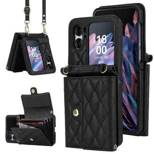 For OPPO Find N2 Flip Rhombic Texture Card Bag PU Phone Case with Long Lanyard(Black)