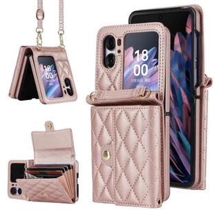 For OPPO Find N2 Flip Rhombic Texture Card Bag PU Phone Case with Long Lanyard(Rose Gold)