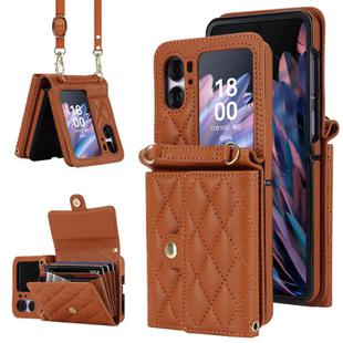 For OPPO Find N2 Flip Rhombic Texture Card Bag PU Phone Case with Long Lanyard(Brown)