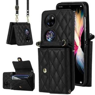 For Huawei P50 Pocket Rhombic Texture Card Bag PU Phone Case with Long Lanyard(Black)