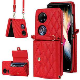 For Huawei P50 Pocket Rhombic Texture Card Bag PU Phone Case with Long Lanyard(Red)