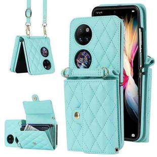 For Huawei P50 Pocket Rhombic Texture Card Bag PU Phone Case with Long Lanyard(Mint Green)