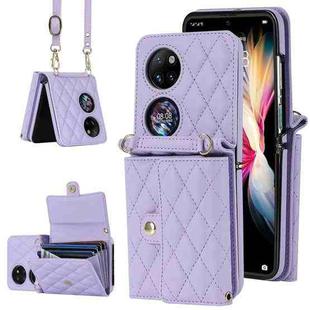 For Huawei P50 Pocket Rhombic Texture Card Bag PU Phone Case with Long Lanyard(Purple)