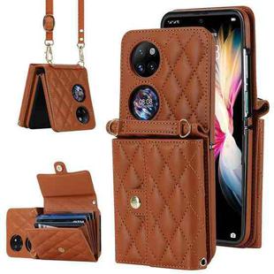 For Huawei P50 Pocket Rhombic Texture Card Bag PU Phone Case with Long Lanyard(Brown)